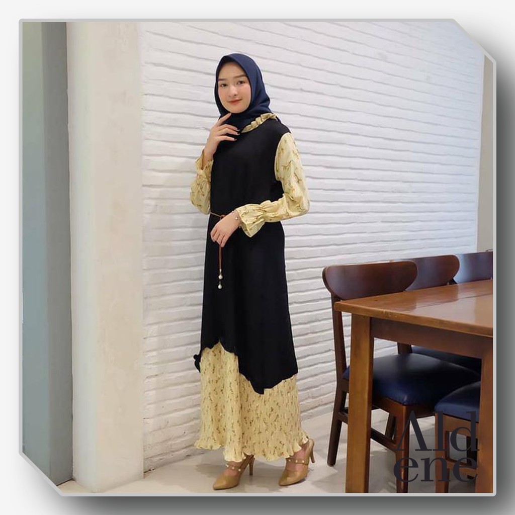 GAMIS SARFA - Gamis Dress Wanita Motif Bunga - SAR MAVELA PRISKET BLACK