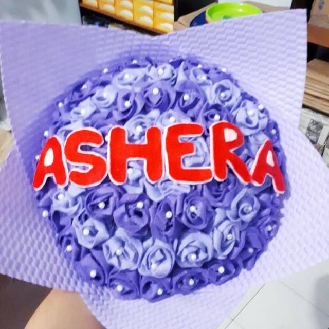 Bouquet Bunga Flanel 30 cm warna ungu tua dan ungu muda full mutiara + tulisan