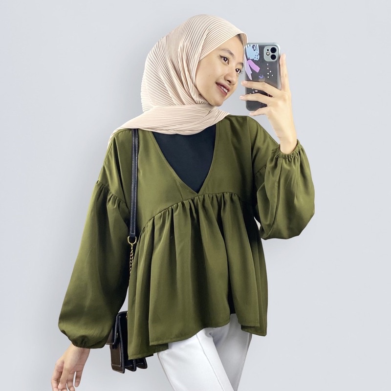 Tq88indonesia Fashion Baju Atasan Wanita Lengan Panjang /  FRISKA RUFFLE BLOUSE Polos Terbaru / Busana Casual Cewek / Ootd / Outfit / Outfit