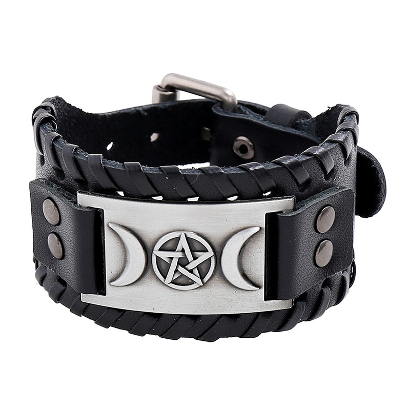 Nordic Viking Rune Star Moon Pria Gelang Kulit Punk Aksesoris 21CM