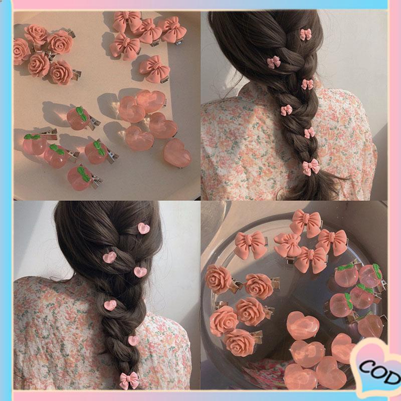 COD❤️ 5 PCS Manis Pink Jepit Rambut Gadis Busur Peach Camellia Sisi Klip Aksesoris Rambut-A.one