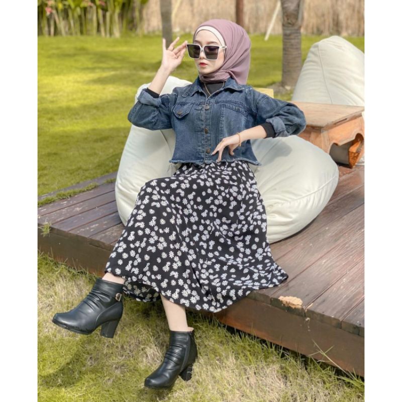 1 MIDI SKIRT A LINE IMPORT / ROK BUNGA DAISY BLACK WHITE / ROK DAILY WANITA KOREAN BAHAN SIFON-1