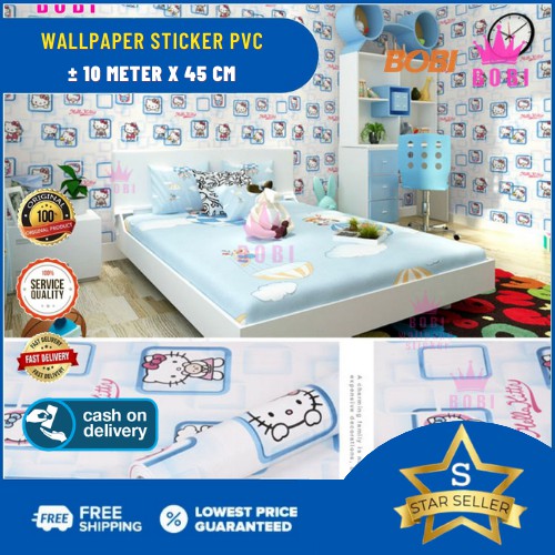 Wallpaper Sticker Motif Hellokity Biru Kotak 5319-1  / Wallpaper New 2020 / Ukuran 9mx45cm