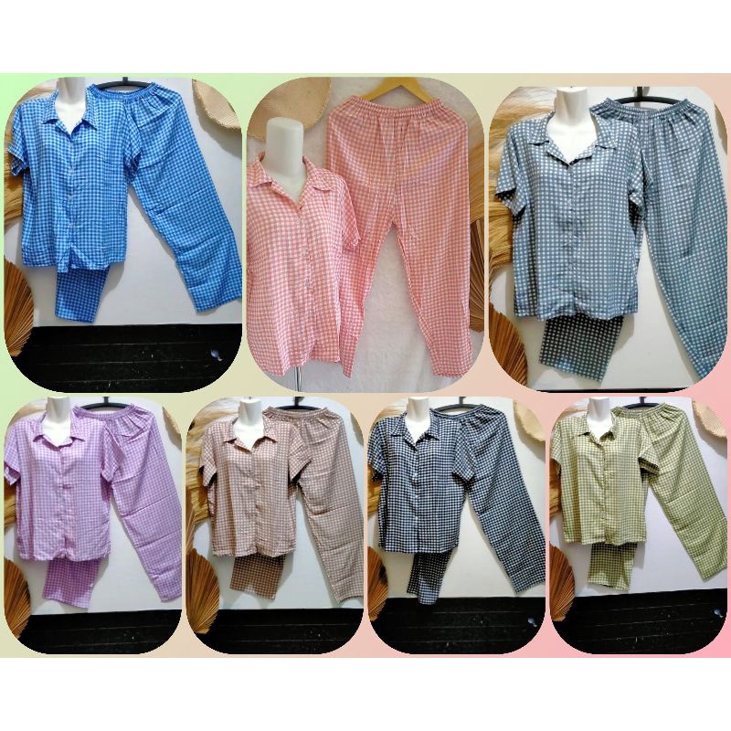 Setelan Piyama Kotak - Kotak Lengan Pendek Rayon Bali