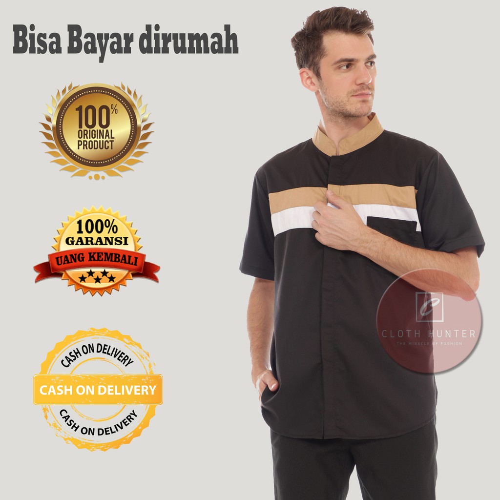 Baju Koko Qahtan Pria Dewasa Lengan Pendek Bahan Toyobo Warna Hitam Polos