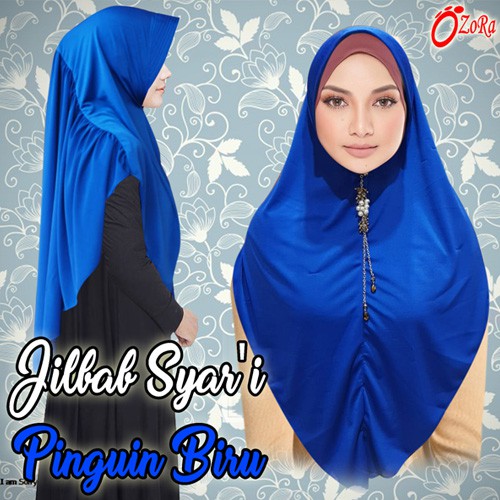 Jilbab instan syari hijab rubiah khimar motif rempel depan biru double layer