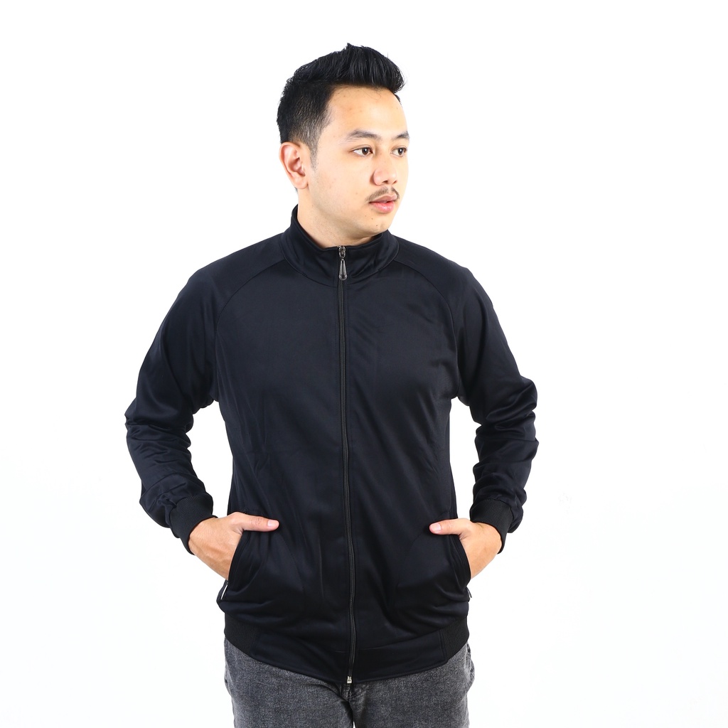 Jaket tracktop olahraga pria hitam polos bahan premium