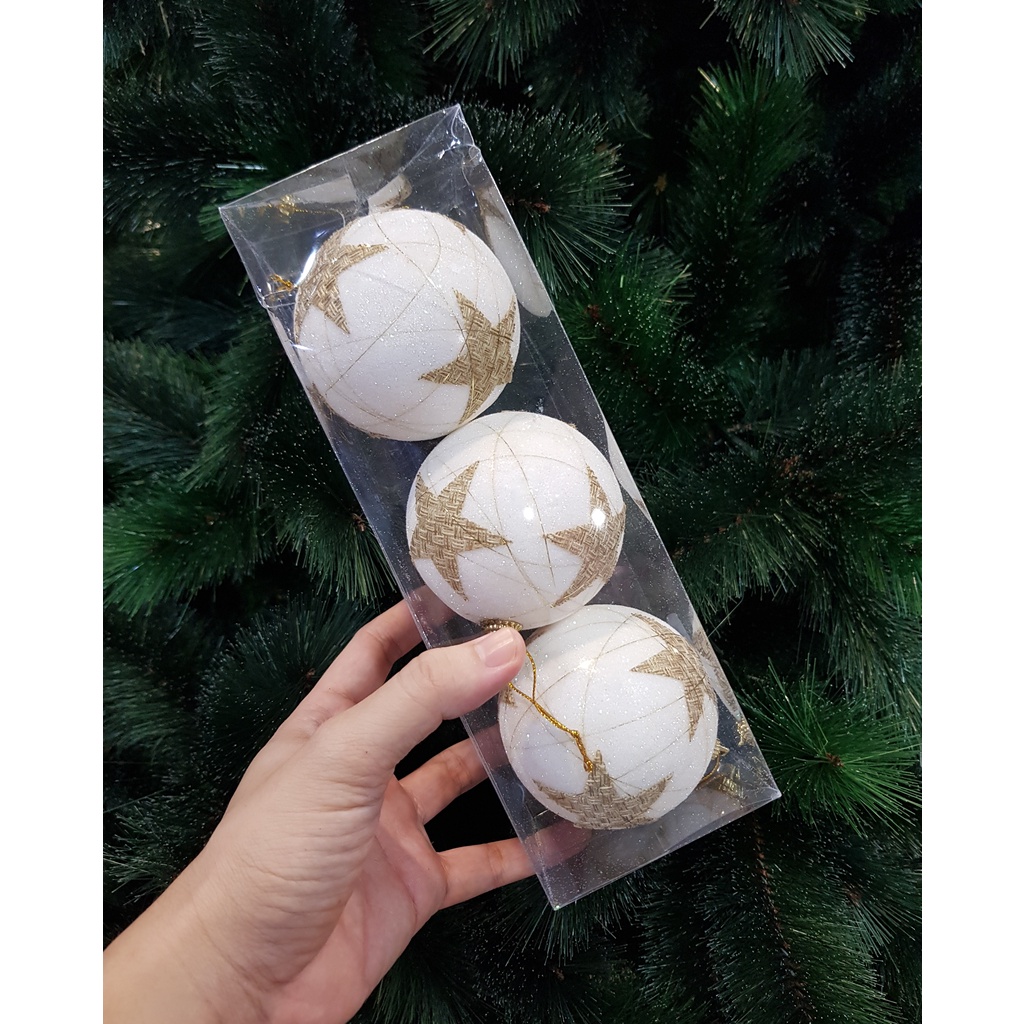 Hiasan Natal | Bola-bola Natal Putih Motif Bintang 3pcs 8cm