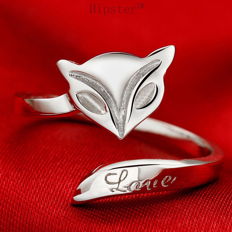 New Hot Sale Creative Design Diamond Cute Fox Romantic Couple Inscribed Adjustable Ring