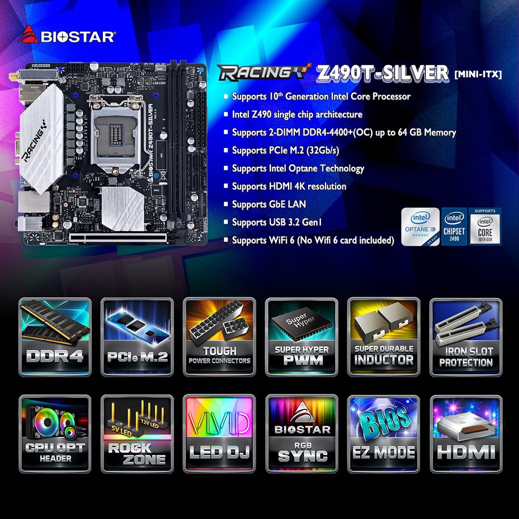 Motherboard Biostar racing Z490T Silver Lga1200 intel Z490 SATA3 usb3.2 gen1 DDR4 mini itx