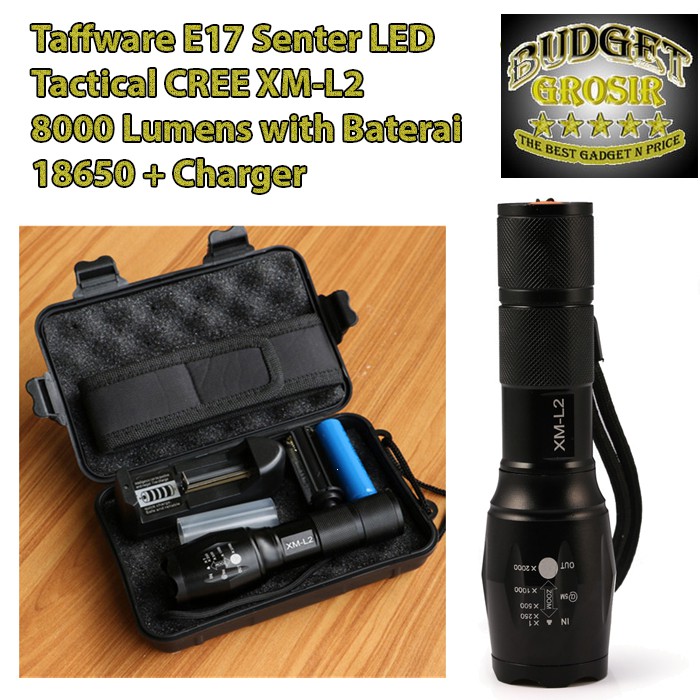 Paket Senter LED Tactical Flashlight Cree XM-L2 8000 Lumens + Baterai 18650 + Charger - E17 - Black