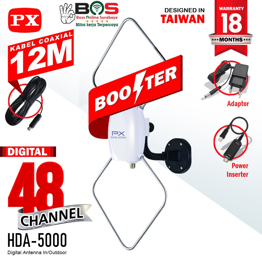 Antena TV Booster Indoor Outdoor PX HDA-5000 + Kabel 12 Meter Anten PX