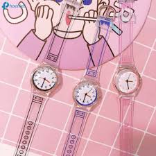 Jam Tangan Quartz Analog Dial Bulat Kecil Warna Transparan untuk Wanita Bening Kekinian