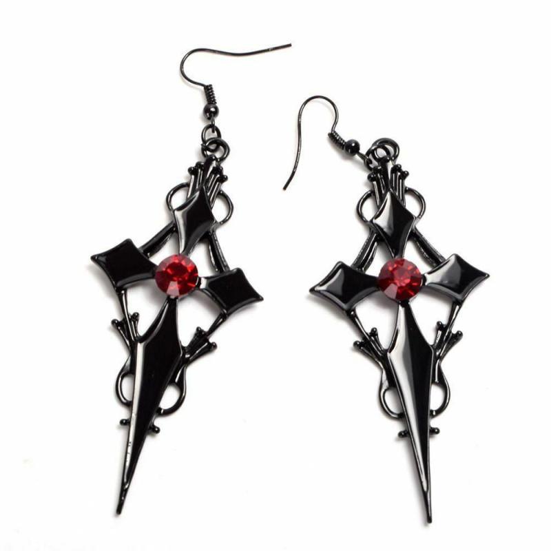 Anting Tusuk Gantung Bentuk Salib Aksen Zircon Merah / Hitam Gaya Retro / Klasik / Goth Punk Untuk Wanita
