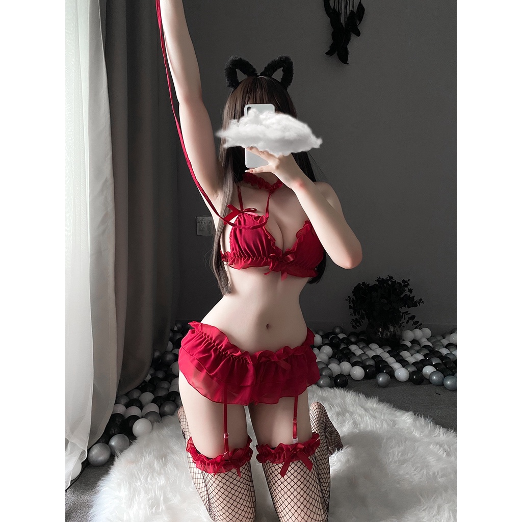 Lingerie Sexy Bra V-Neck Anime Cosplay Costume Sifon Garter Wanita Bikini Set 3T08