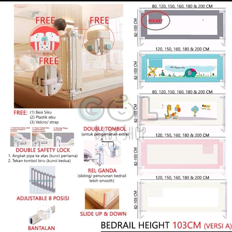 GOL Baby Bedrail Pembatas Pengaman Pagar Kasur Ranjang Tidur Bayi Anak Bed Rail Fence Safety Safe Guard