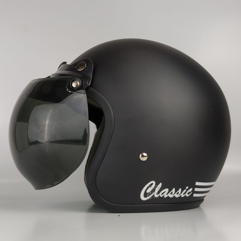 Helm Bogo Dewasa Classic Strip Hitam Doff Kaca Cembung Smoke