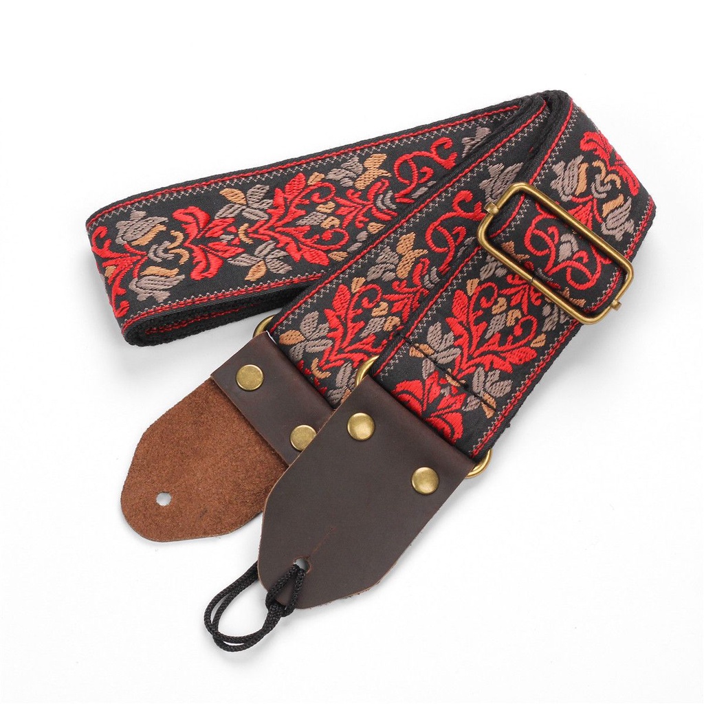 Strap Gitar Bahan Kulit Motif Bunga Warna Hitam Dan Merah Gaya Bohemia