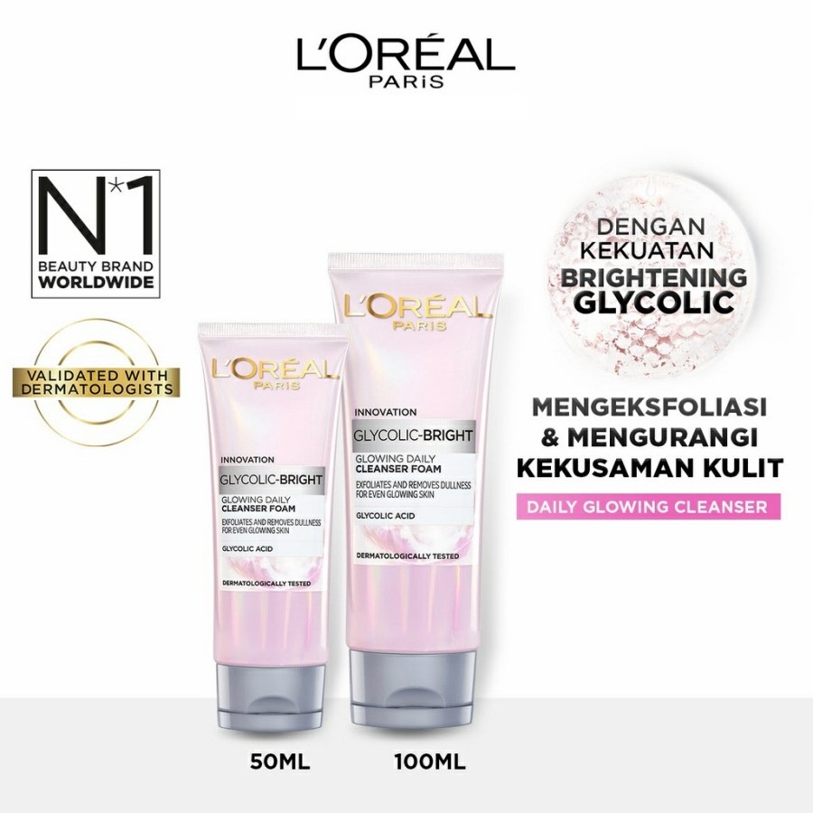 ★ BB ★ L'Oreal Paris Glycolic Bright Daily Cleanser Foam 50ml - 100ml | Skin Facial Wash Glyco Loreal