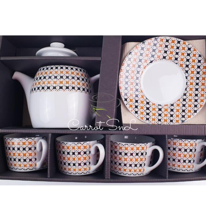 Cangkir Teh Set + Teko Tutup Keramik Motif Batik MASARAN KOPIN