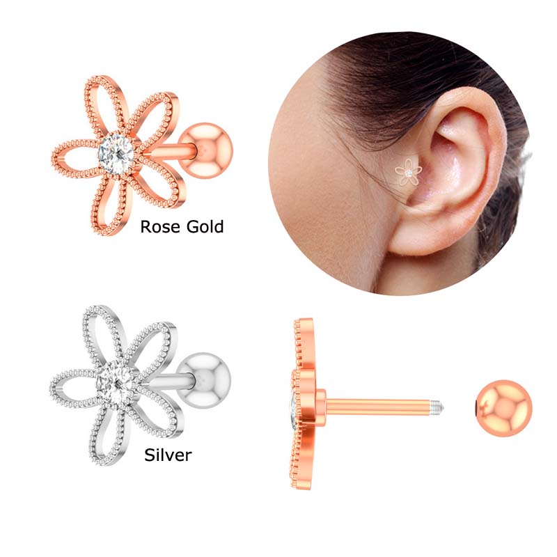 1pc Anting Tindik Telinga Bentuk Bunga Hollow Warna Silverrose Gold Berat 16g