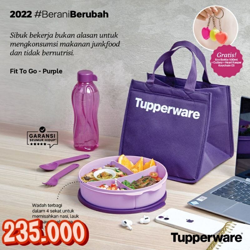 TUPPERWARE | FIT TO GO PURPLE / TOSCA PINK | Set Lengkap Alat Makan | Tas,  Kotak Makan, Botol dan C
