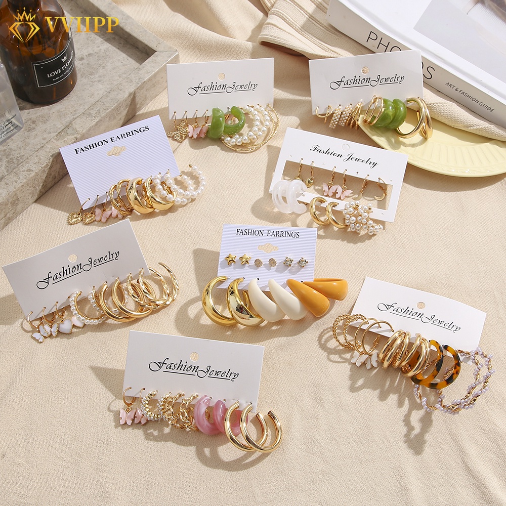 6pcs / Set Anting Bentuk Kupu-Kupu Aksen Mutiara Bahan Akrilik Untuk Wanita