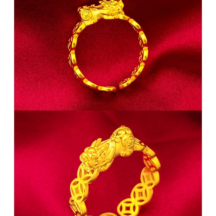 Goldkingdom Perhiasan Fashion 24K Bangkok Aksesoris Ready Stock Wanita Sandblasted Coin Pixiu Cincin Beruntung Lapis Emas Asli Kadar 375 Cincin Pria Dan Wanita