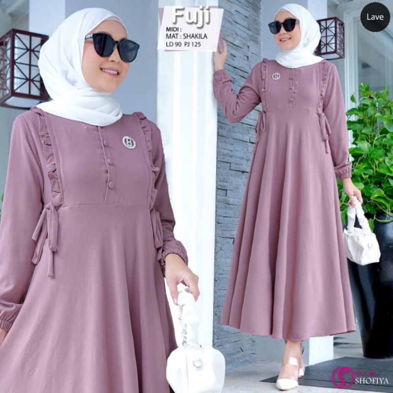 FUJI MIDI DRESS, Cantik dan Anggun Original Shofiya Bahan Shakila Dingin Nyaman dan Halus, Dada Ruff