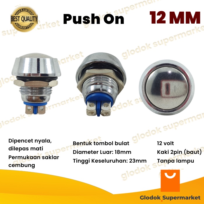 Switch Metal 12mm Push On 2 Pin Saklar Stainless 12 mm Tombol 12v Momentary