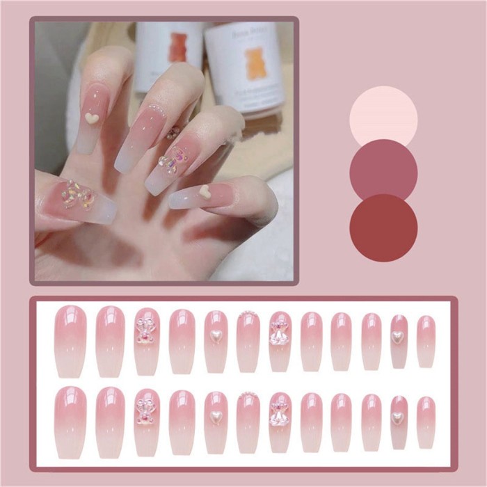 CN938 24pcs Kuku Palsu 3D Motif Beruang War Pink