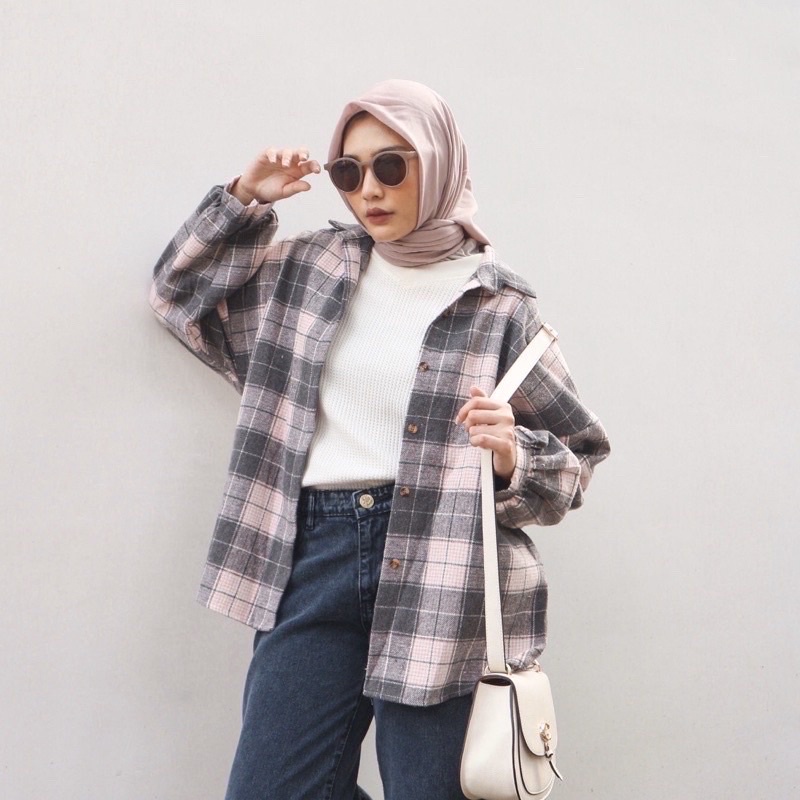 Kimberly Flanel Shirt / Kemeja Flanel / Kemeja Flanel Oversize-Pink Ld 130