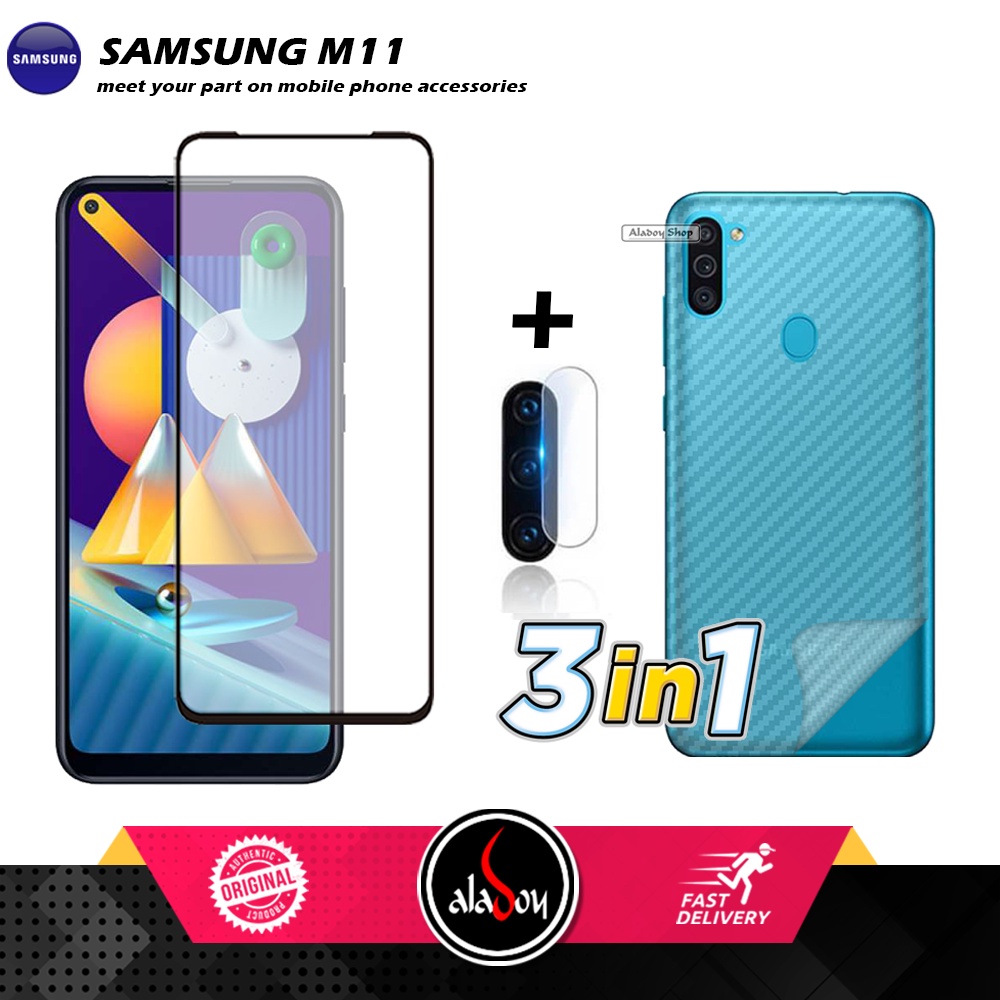 PAKET 3 IN 1 Tempered Glass Layar Samsung M11 Free Tempered Glass Camera dan skin Carbon