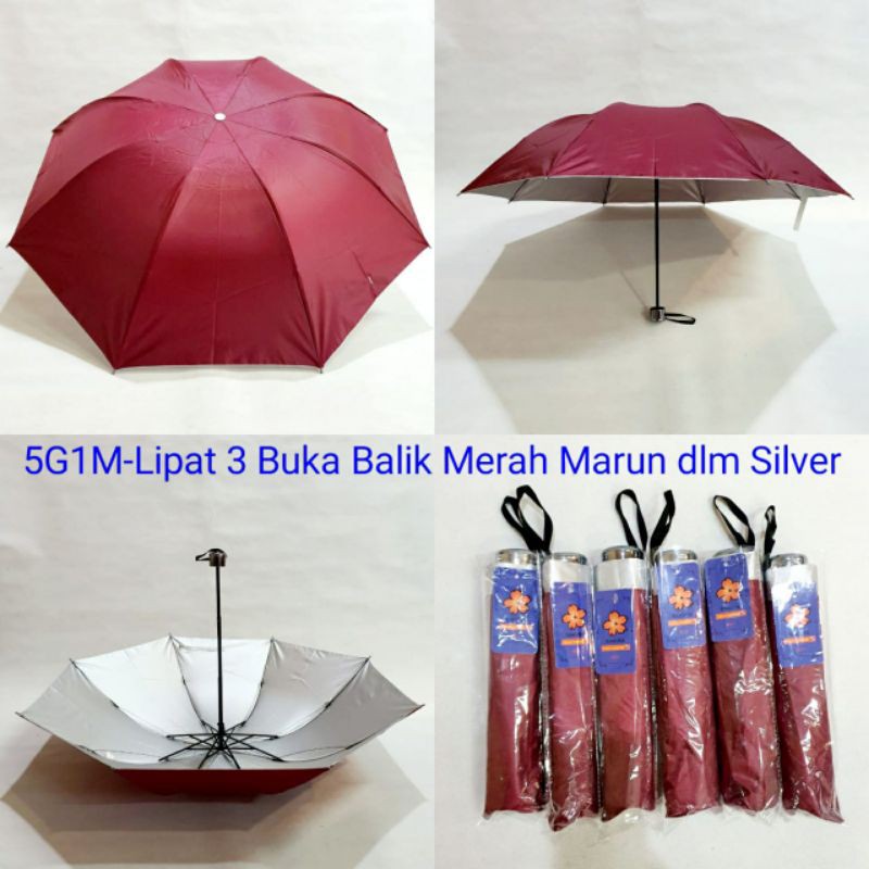 Payung Lipat warna Merah bawah Silver UV Protection bisa Sablon Custom