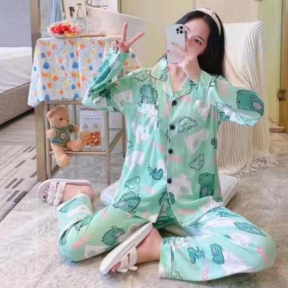 Piyama pp wanita | baju tidur lengan panjang wanita import spandek krah kancing-PpK GOOD DINO