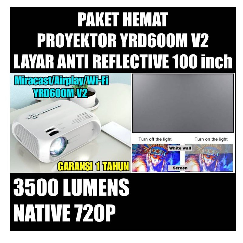 PAKET Yourday YRD600M Mini Projector LED Proyektor Wifi Miracast & LAYAR