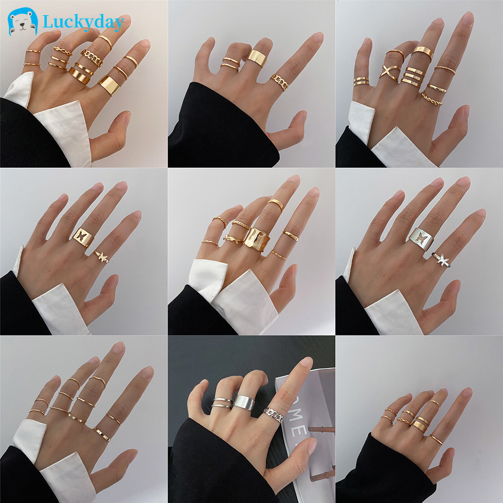 YEEZII Set Perhiasan Cincin Bentuk Kupu-Kupu Geometris Warna Emas Gaya Retro Untuk Hadiah