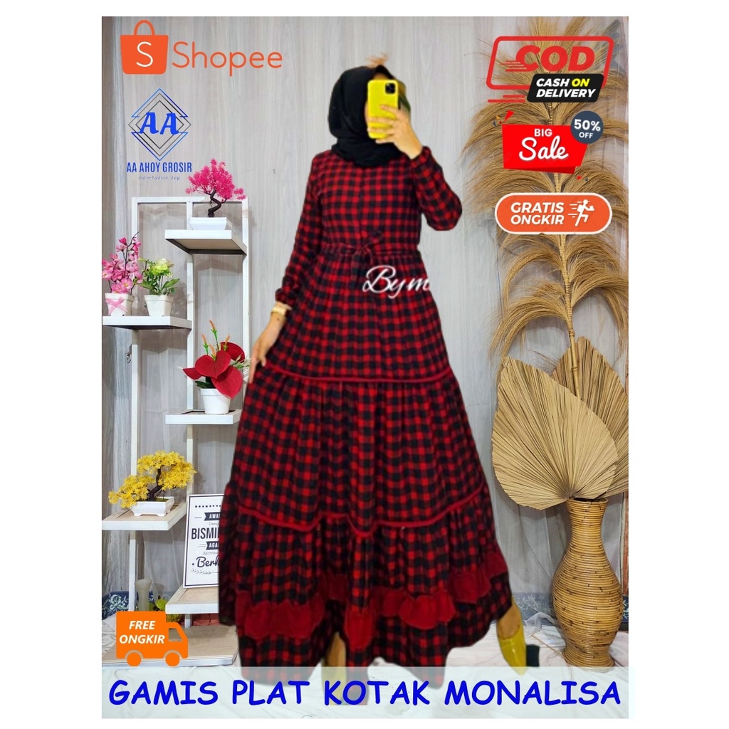 GAMIS PLAT KOTAK KOTAK/ MONALISA BAJU GAMIS REMPEL BAWAH RESLETING DEPAN BUSUI