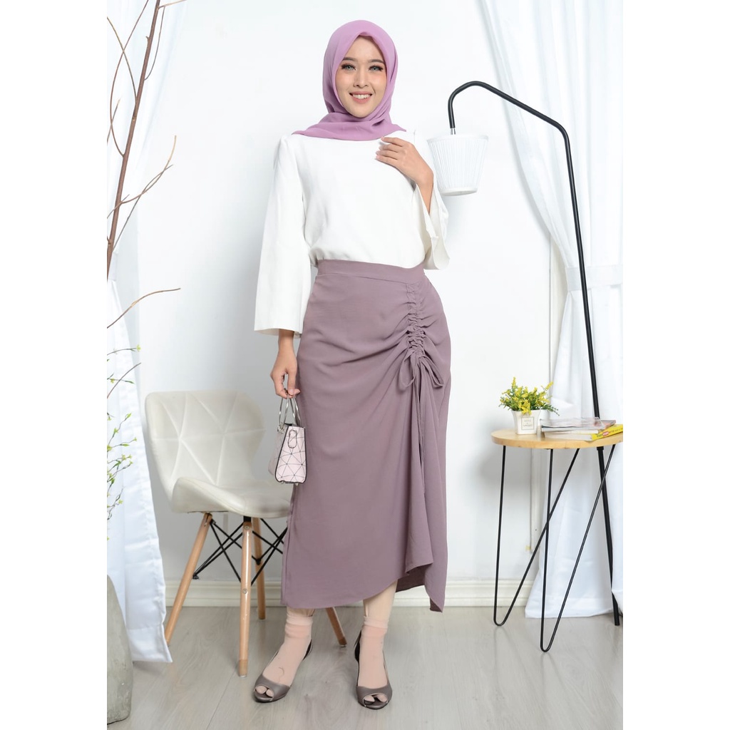 ROK SERUT L,XL,XXL CASUAL FLOWY-ROK POLOS PANJANG BAHAN CRINGCLE-ROK KEKINIAN MAXI RUCHED SKIRT