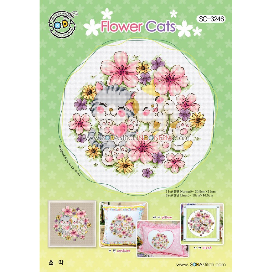 Paket DIY Craft Sulam Kristik Strimin Sodastitch SO-3246 - Flower Cats Kucing Bunga