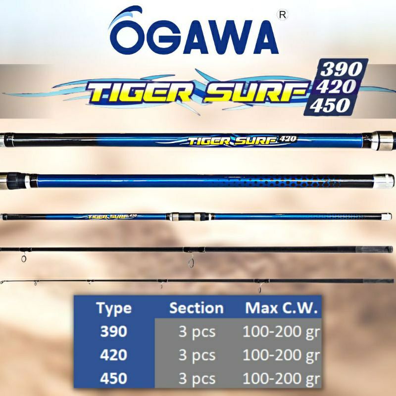 Joran Laut Pasiran Sambung 3 Merk Ogawa Tiger Surf Carbon 390 420 450 Terbaik