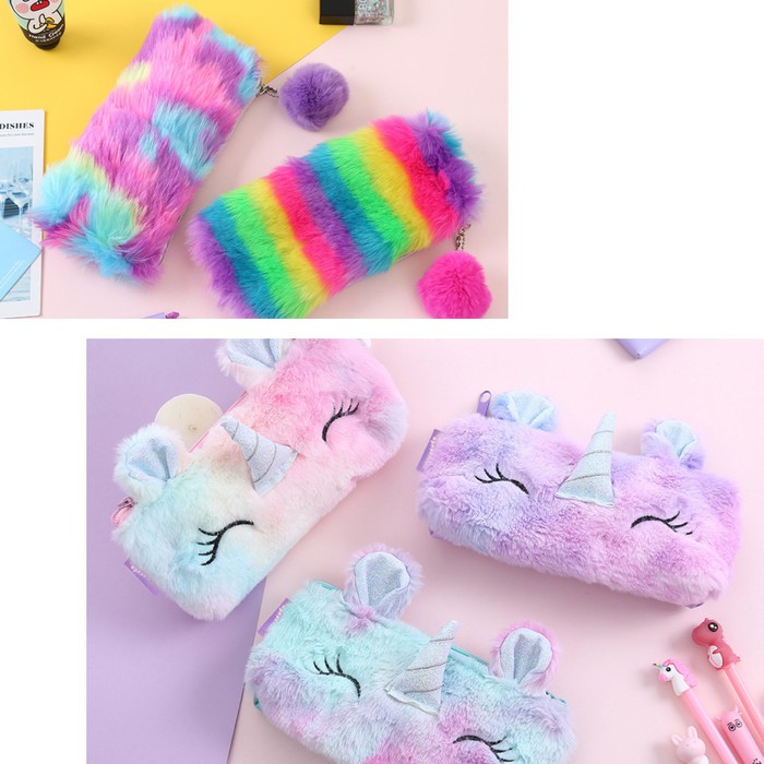 Tempat pen Bulu Fur Unicorn ATK04 Pom ATK05 kotak pensil case