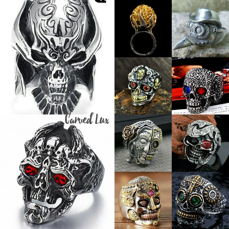 Cincin pria tengkorak punk style men ring carved lux series