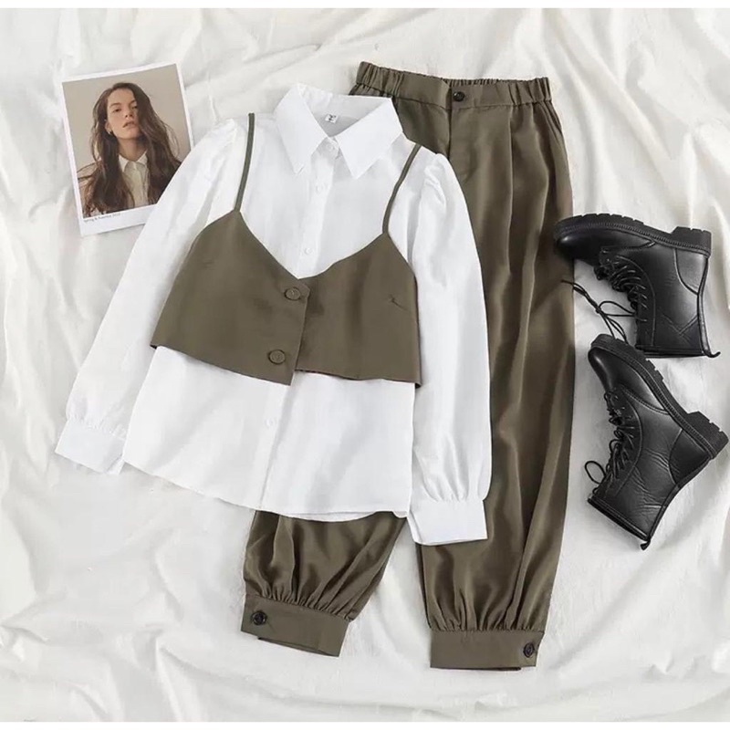 Fatun set Setelan wanita Setelan baju wanita kekinian Setelan polos Set wanita korea Korean style Se