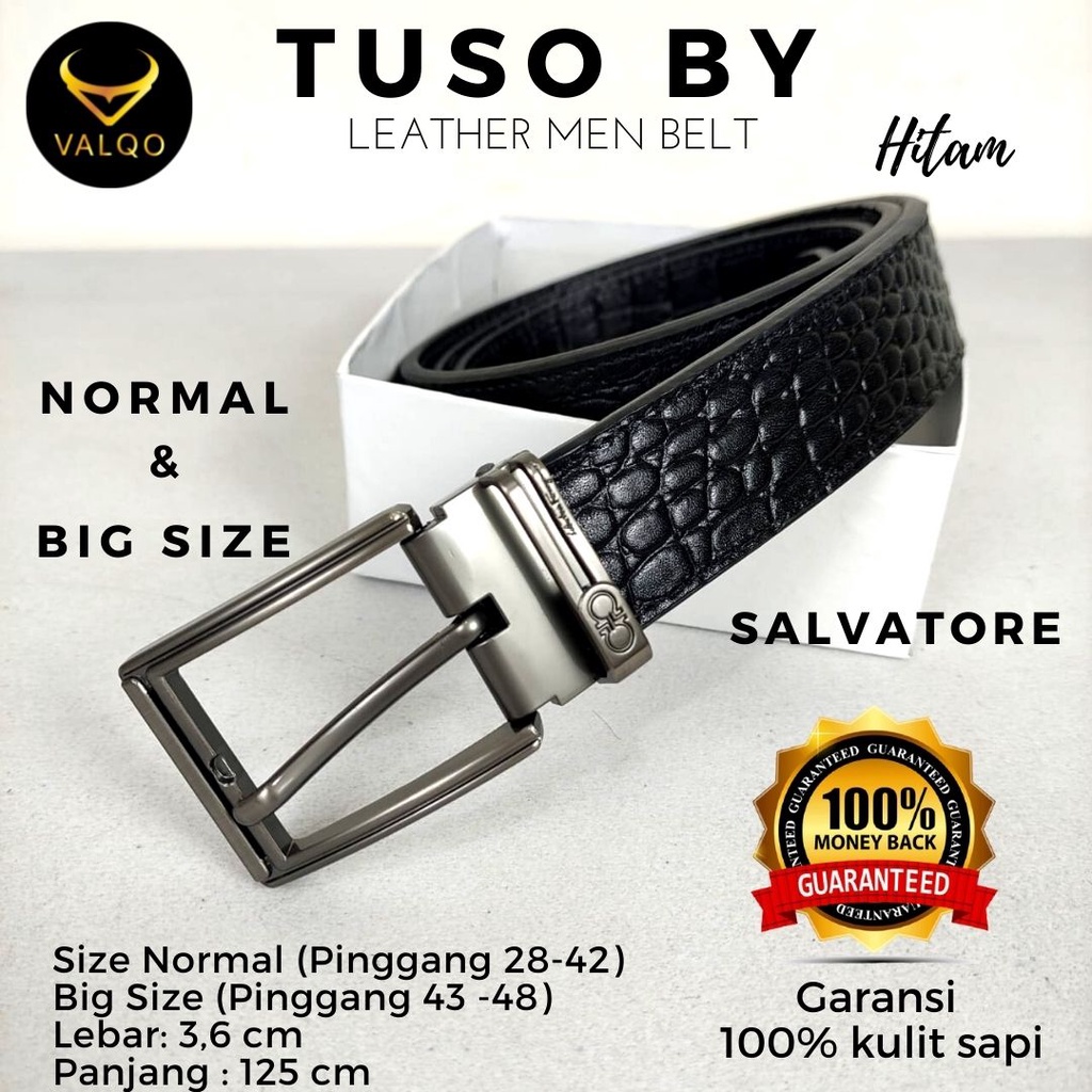 [VALQO] Ikat Pinggang TUSO BY Hitam Sabuk kulit sapi Motif Buaya Pria Tusuk Normal dan Big Size Lubang