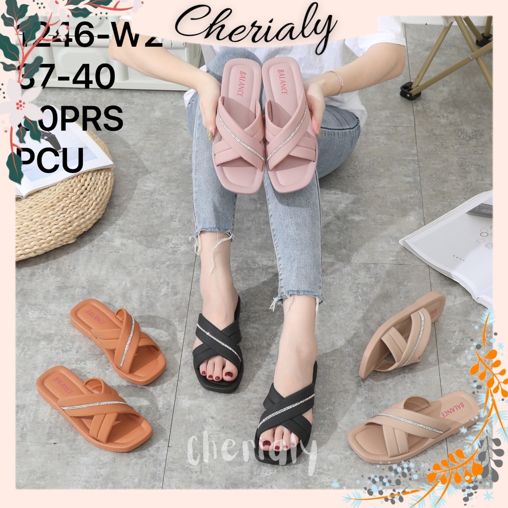 BALANCE Sandal Jelly Slop Wanita Import Karet Teplek Elastis Empuk Non-Slip Motif Cross X Manik 1246-W2