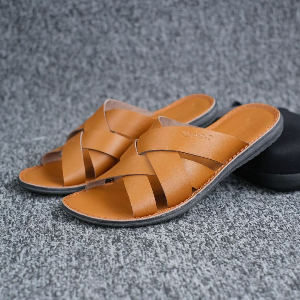 Sandal Slop Pria Full Kulit Sapi Original Kekinian Casual Sendal Pria Cowok Dewasa Original Premium Brand Lokal Terbaru Kuat