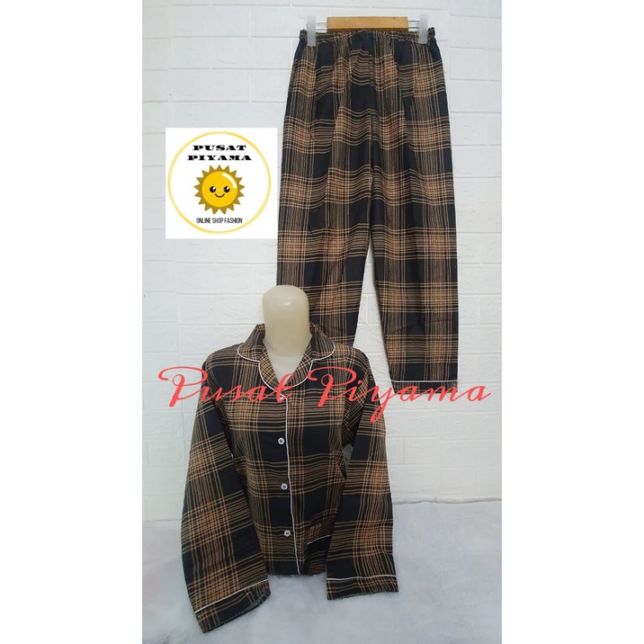 Setelan Lengan Pendek Piyama Baju Tidur Wanita Guilen Kotak Pajamas Cewek Dewasa Kekinian Abg-L Lgn Panjang Hitam