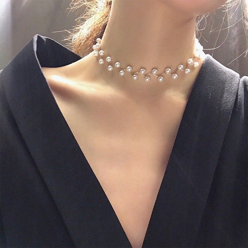 FerenHongXia Kalung Choker Simple Elegan dengan Mutiara untuk Wanita