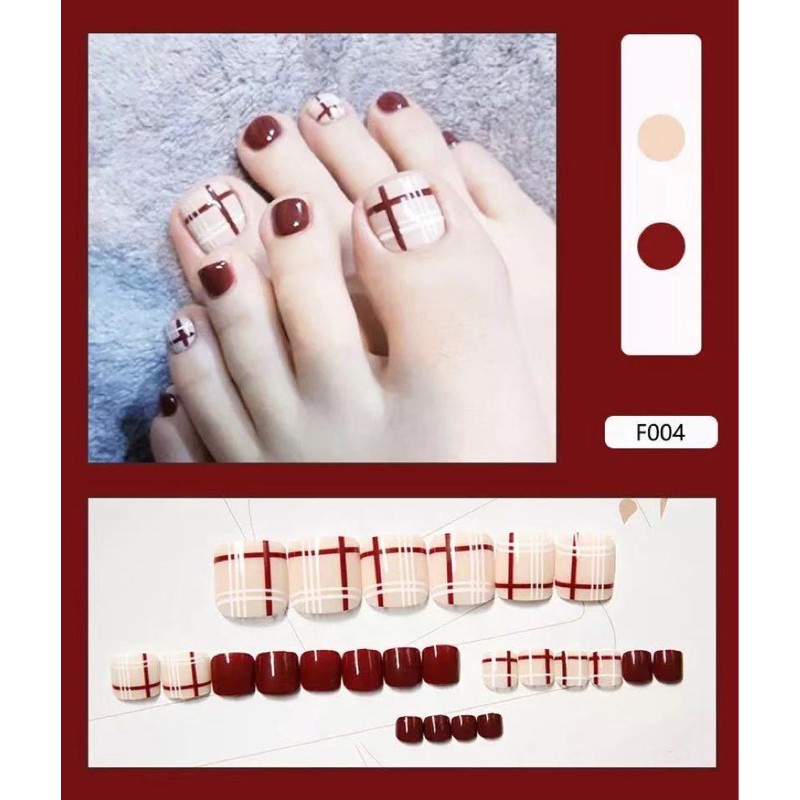 24pcs KUKU PALSU KAKI MOTIF TOE FAKE NAILS / kupal kuku palsu kelinci red nails fake nail